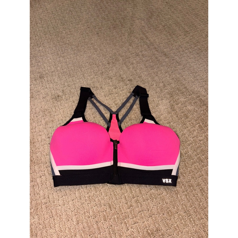 VSX Victoria's Secret Sport Front Zip Sports Bra Pink Black Colorblock 32D